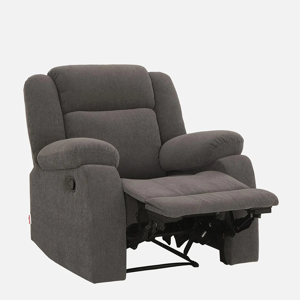 Duroflex Avalon Fabric Single Seater Recliner in grey color, showcasing ergonomic design and plush cushioning for comfort.