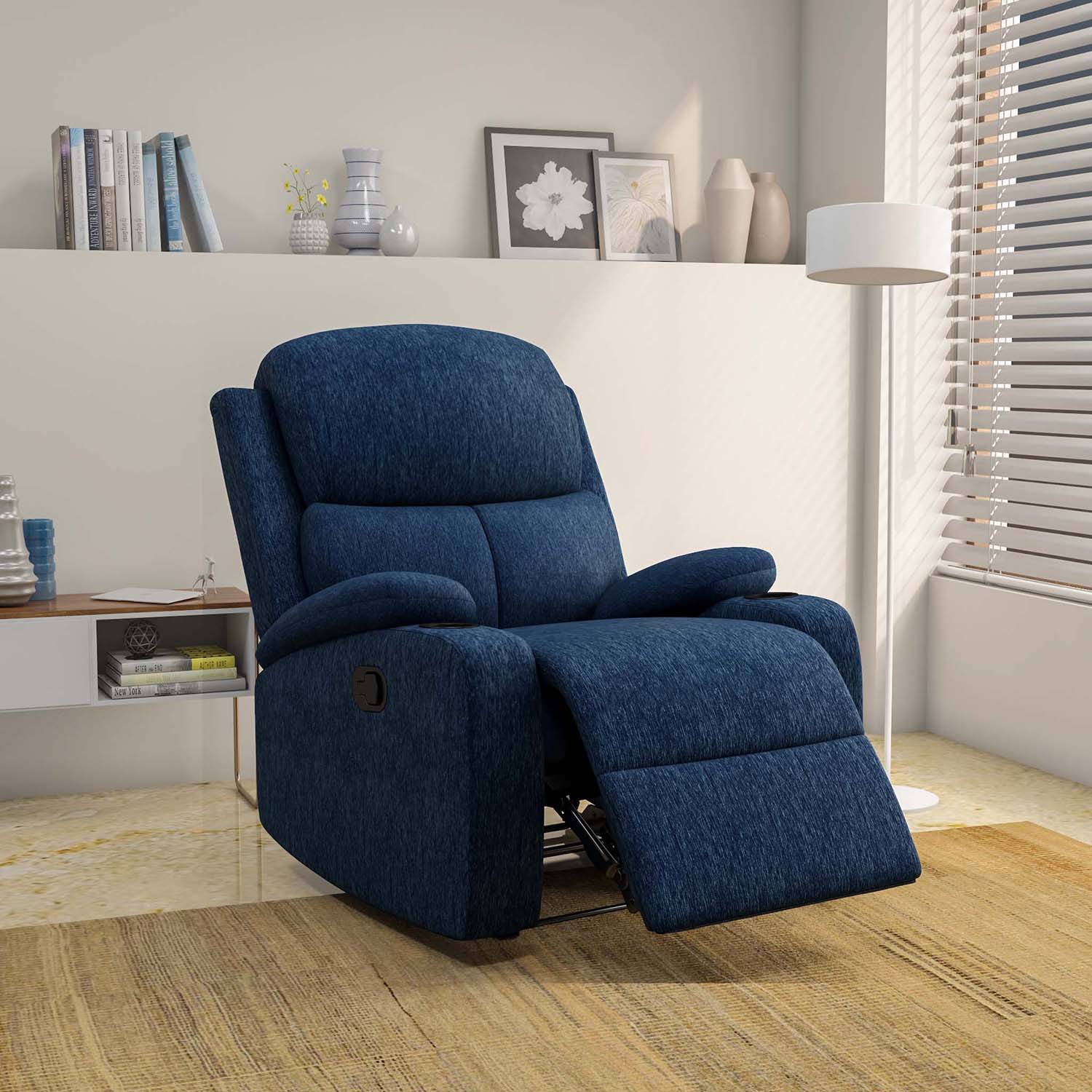 @home by Nilkamal Matt 1 Seater Fabric Manual Recliner in blue with built-in cup holder for added convenience.