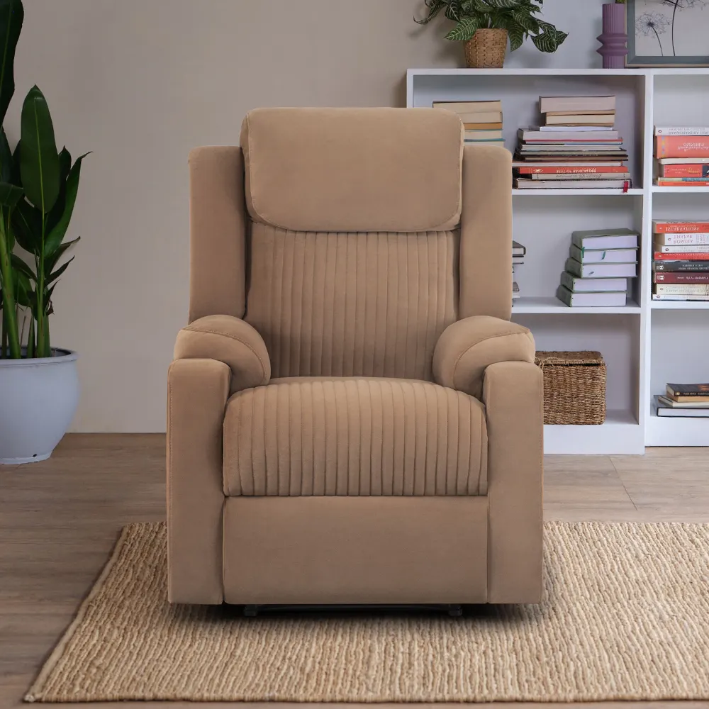 Sleepyhead RX6 Recliner fully reclined in a modern Indian living room, showcasing its adjustable positions for sitting, lounging, and reclining.
