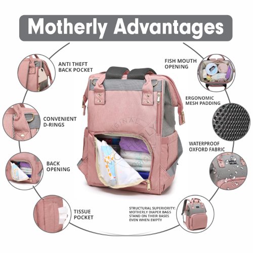 Motherly 18 Liter Stylish Babies Diaper Bag in Grey and Pink