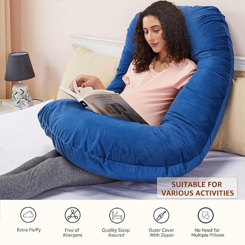 Amazon Basics J-shaped full body pregnancy pillow providing comfort and support for pregnant women.