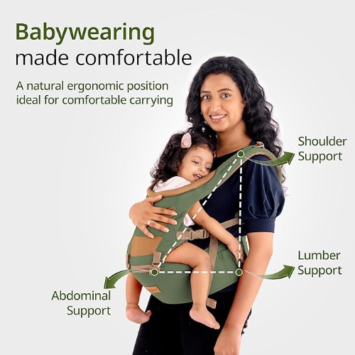 LuvLap Royal Hip Seat Baby Carrier in green color with adjustable straps, hip seat, and ergonomic design for 6 to 24 months old babies.