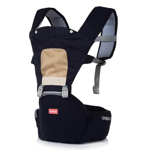 INFANTSO Hip Seat Baby Carrier in navy blue, featuring 4 adjustable carrying positions, ergonomic design.