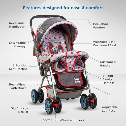 Mee Mee Little Explorer Baby Stroller for 0 to 3 Years with reversible handlebar, cushioned seat, and 360° swivel wheels.