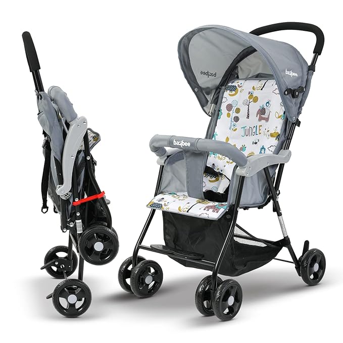 Baybee Tiny Baby Stroller, foldable baby pram with 3-point safety harness, adjustable canopy, and large storage basket for kids.