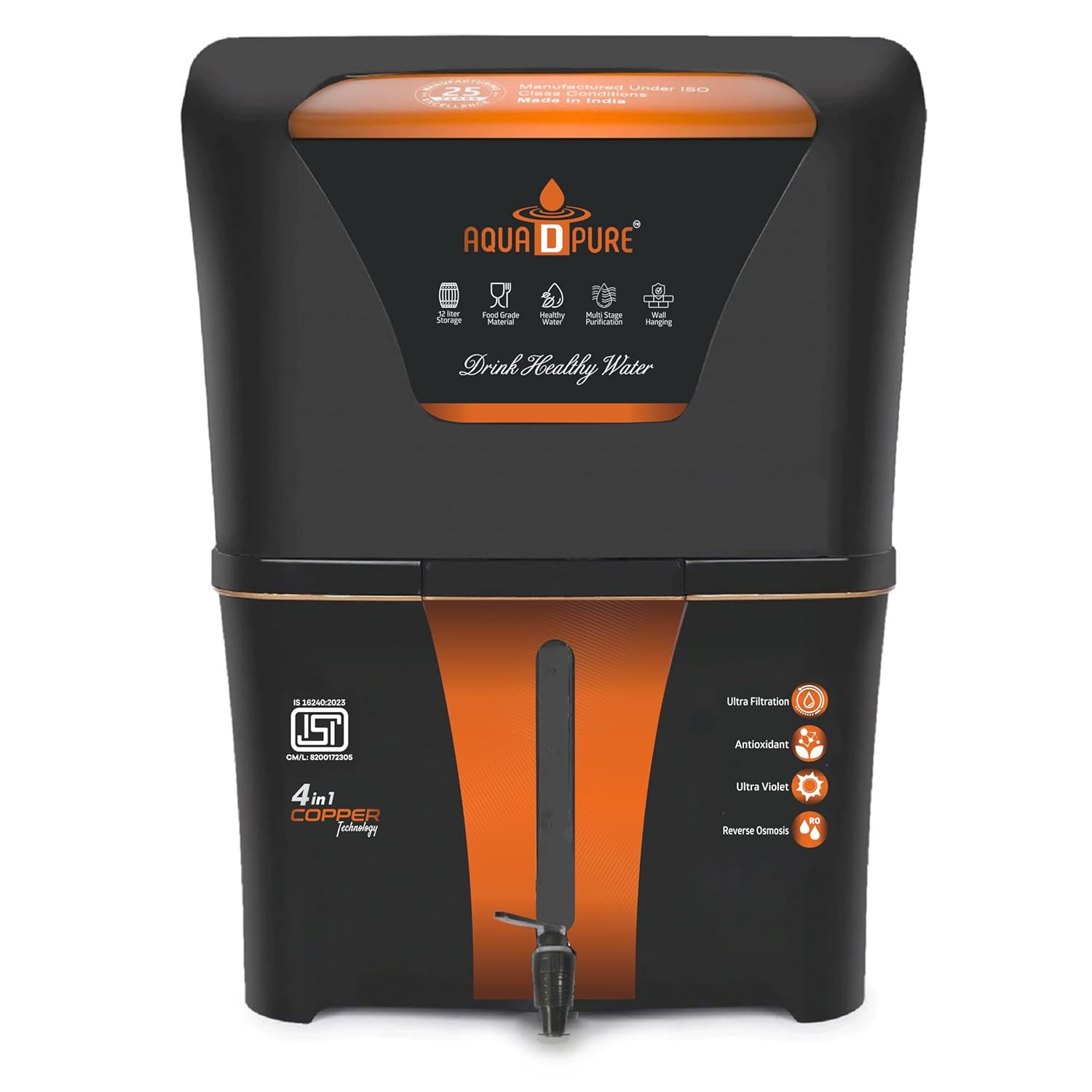 AQUA D PURE 4 in 1 Copper RO Water Purifier with 10 Stage Filtration, UV, UF, and TDS Adjuster – 12L Capacity