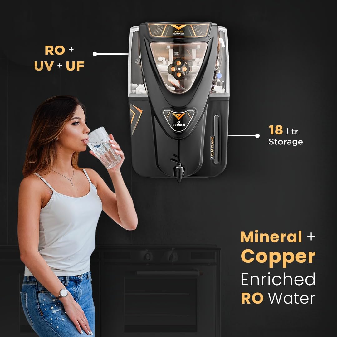 Kinsco Aqua Flame 18L Copper RO Water Purifier with RO, UV, UF, TDS Control & Copper Technology in Black – Countertop Design