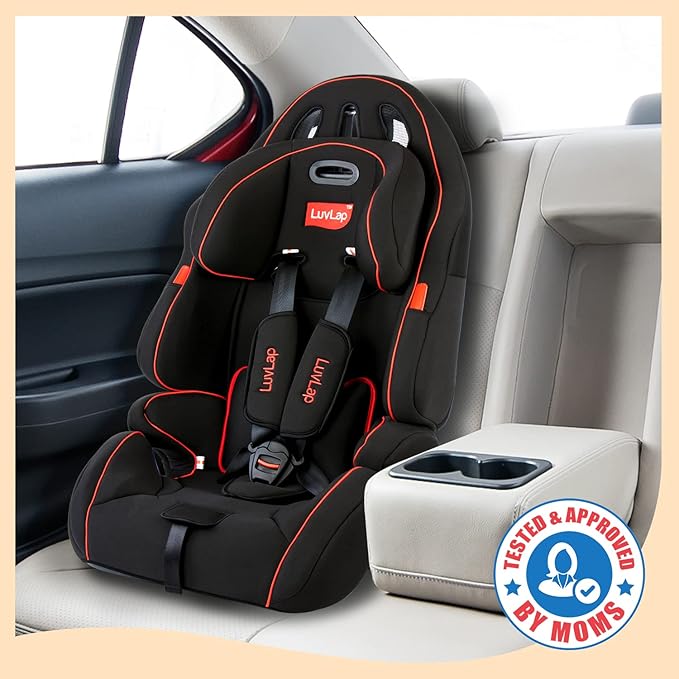 Black LuvLap baby car seat for kids aged 9 months to 12 years with 5-point safety harness